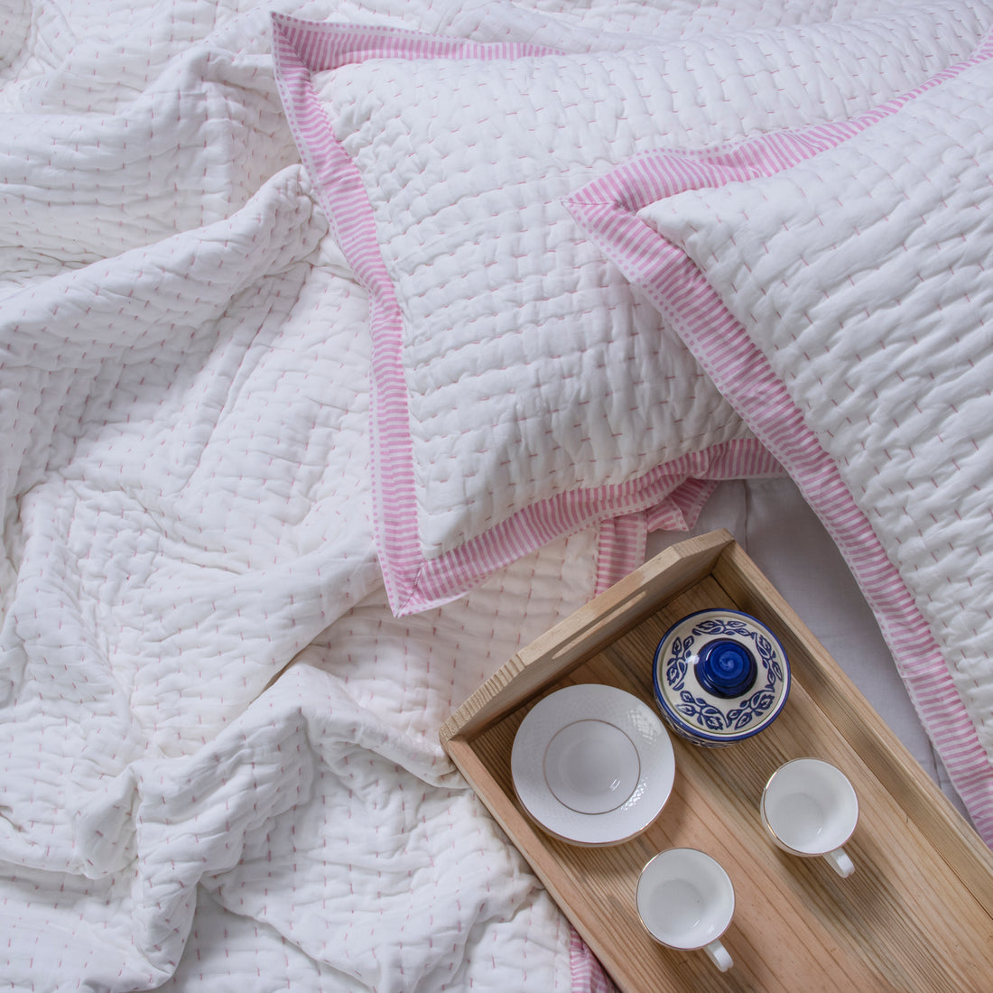 White Pure Cotton Indian Stitched Kantha Quilt Blanket