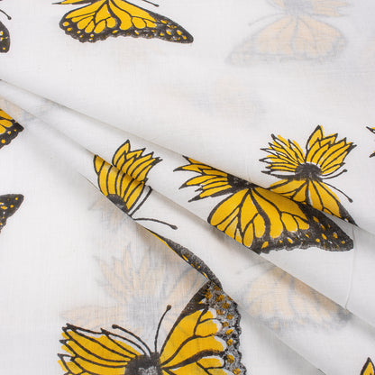 Yellow Butterfly Indian Hand Block Fabric Material