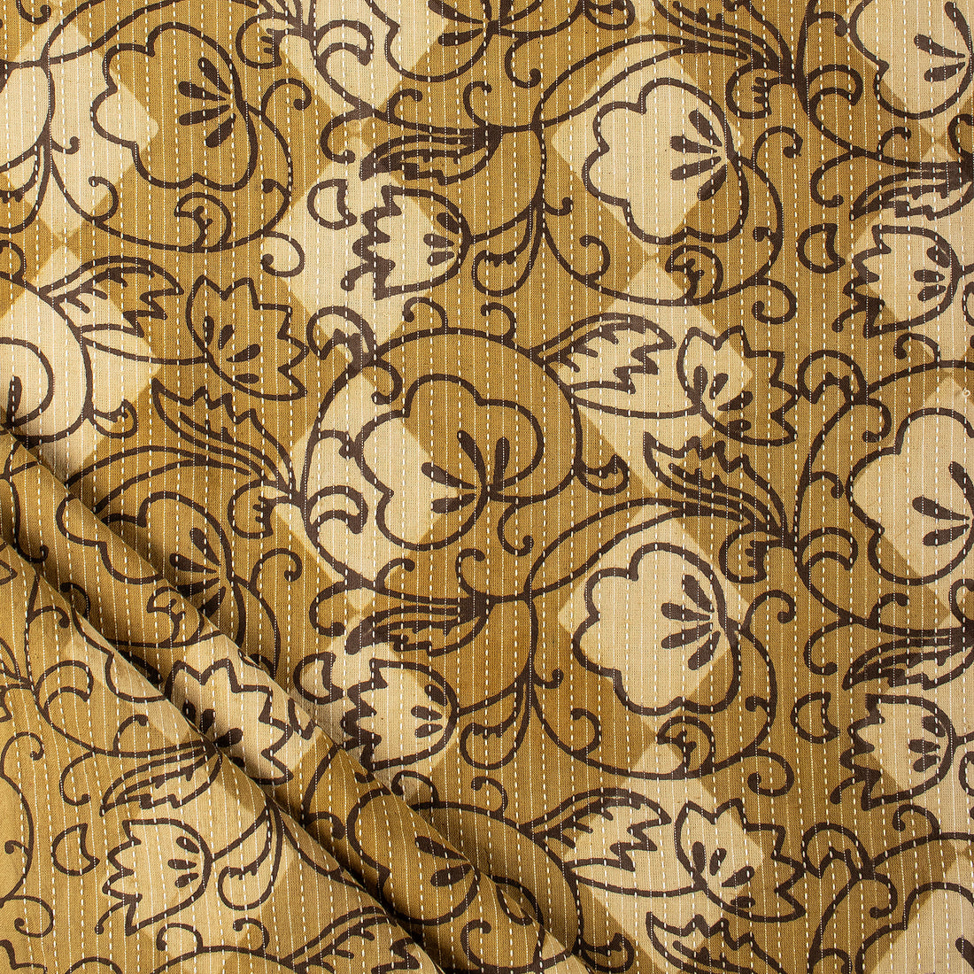 Yellow Dabu Hand Block Printed Cotton Kantha Fabric