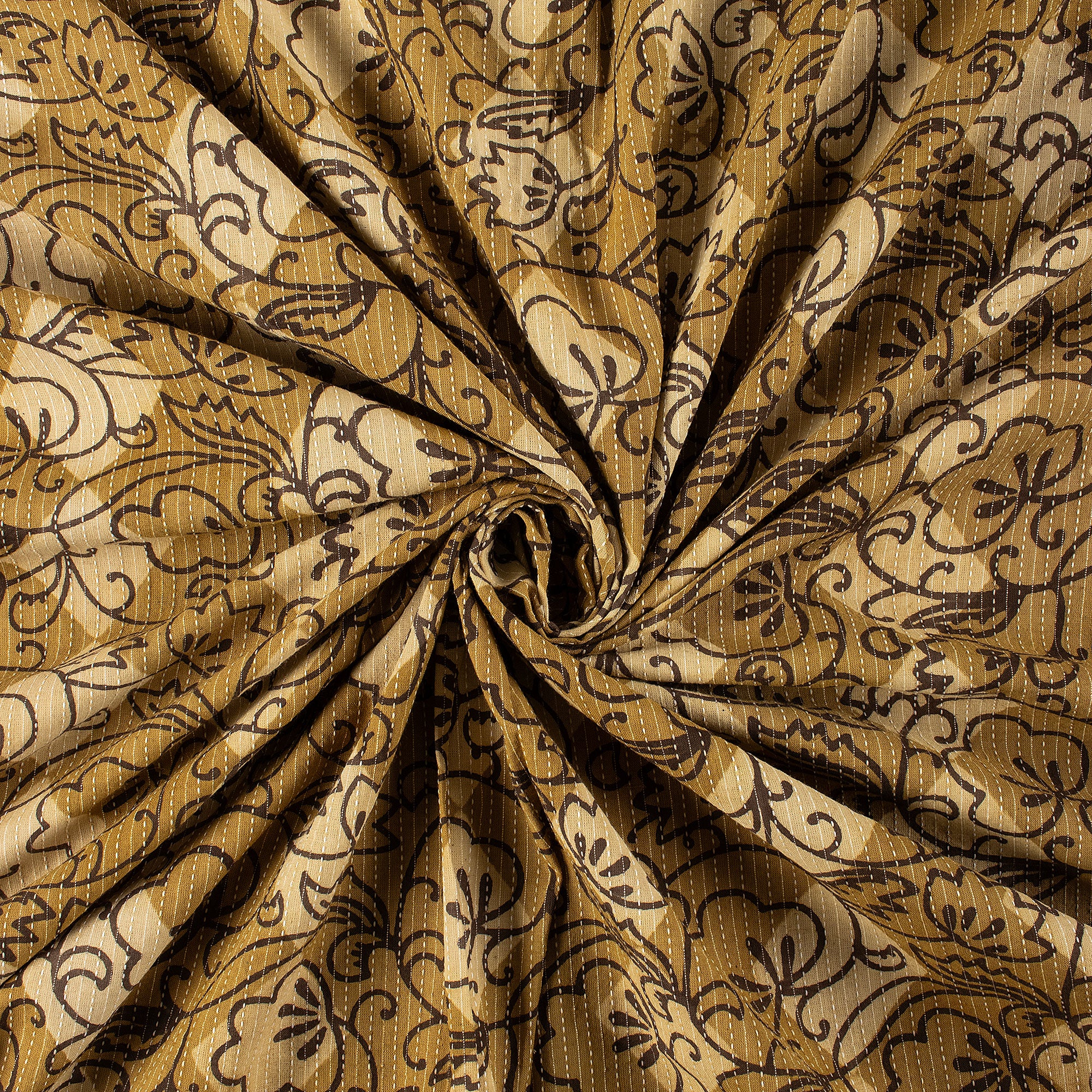 Yellow Dabu Hand Block Printed Cotton Kantha Fabric