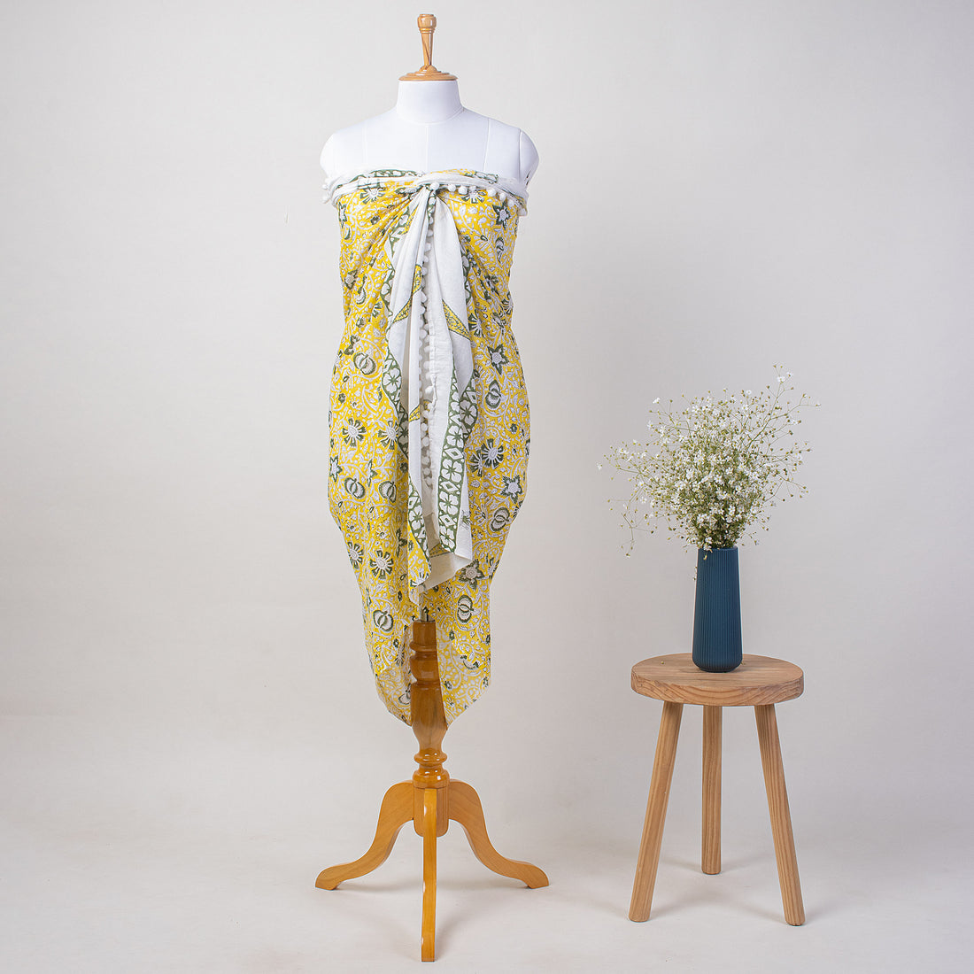 Yellow Floral Block Print Sarong Beachwear