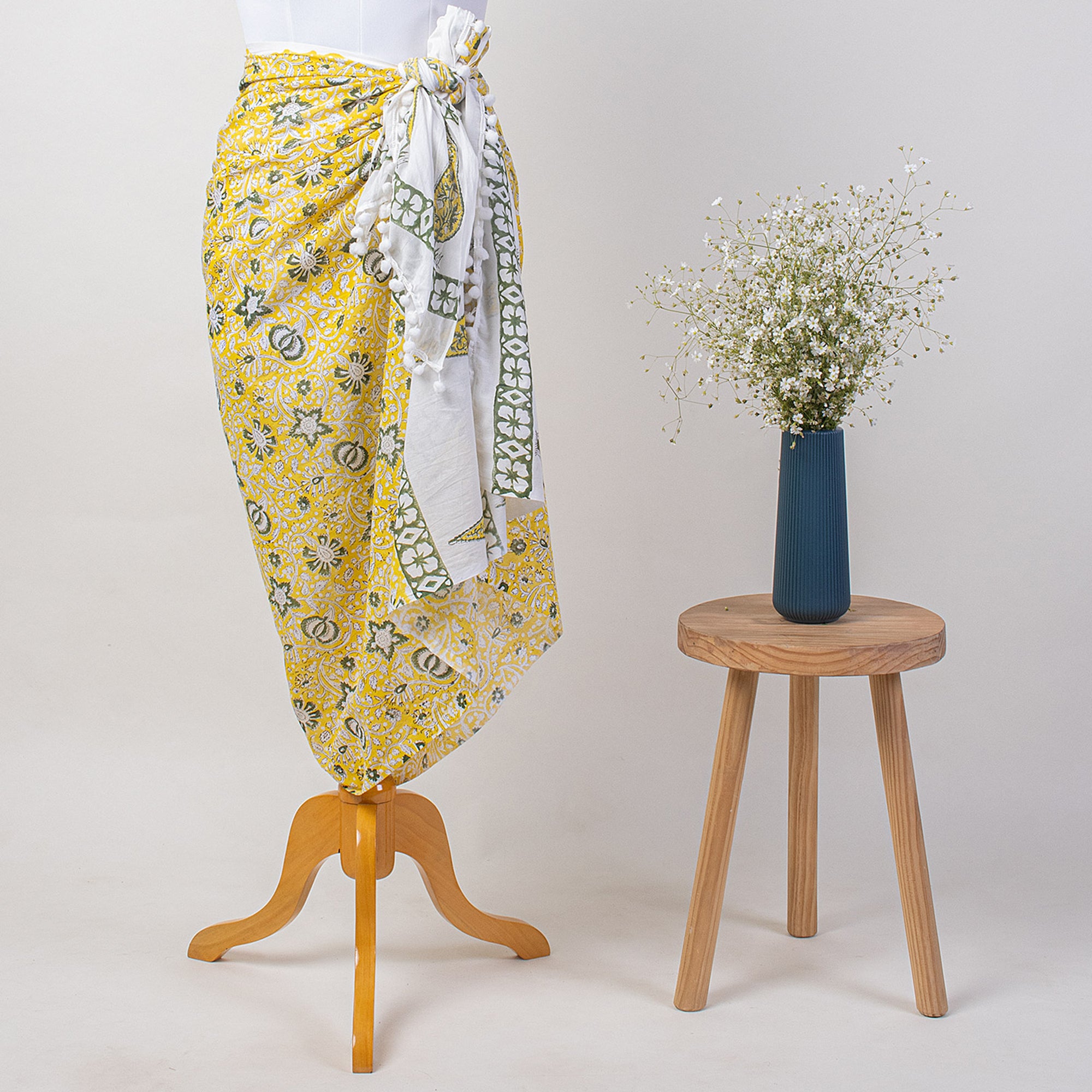 Yellow Floral Block Print Sarong Beachwear