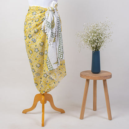 Yellow Floral Block Print Sarong Beachwear