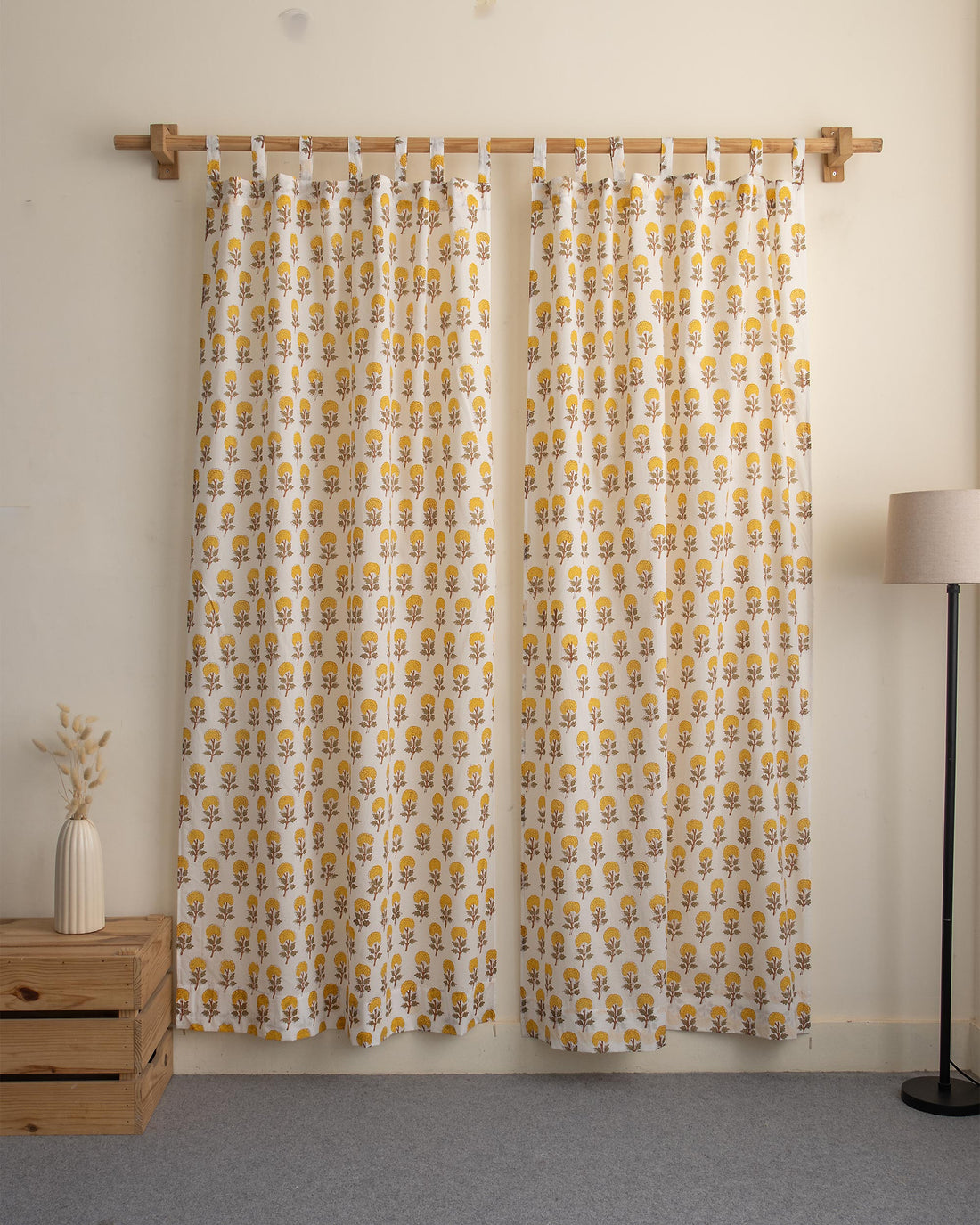 Yellow Floral Block Printed Cotton Curtains in India