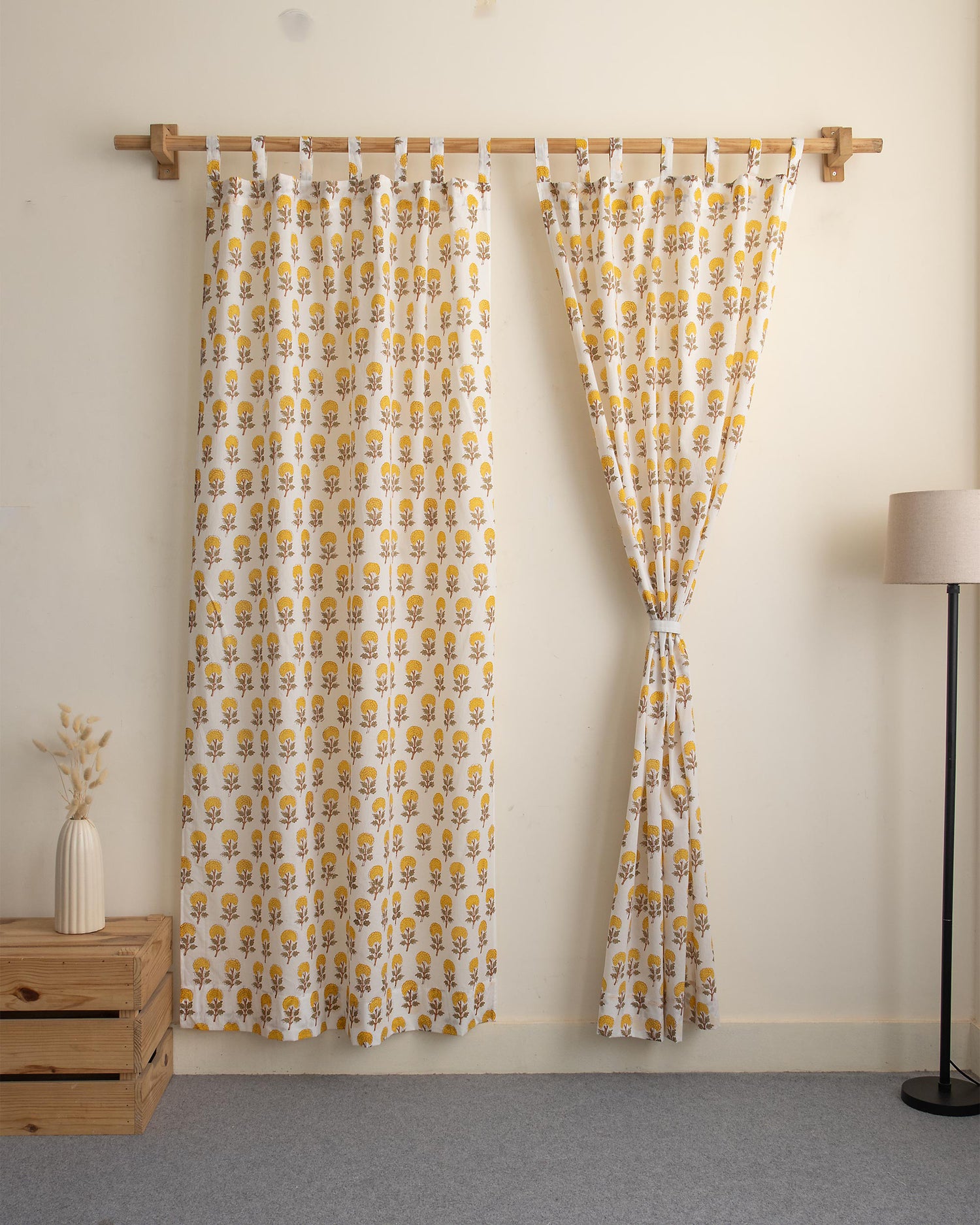 Yellow Floral Block Printed Cotton Curtains in India