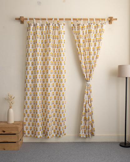 Yellow Floral Block Printed Cotton Curtains in India