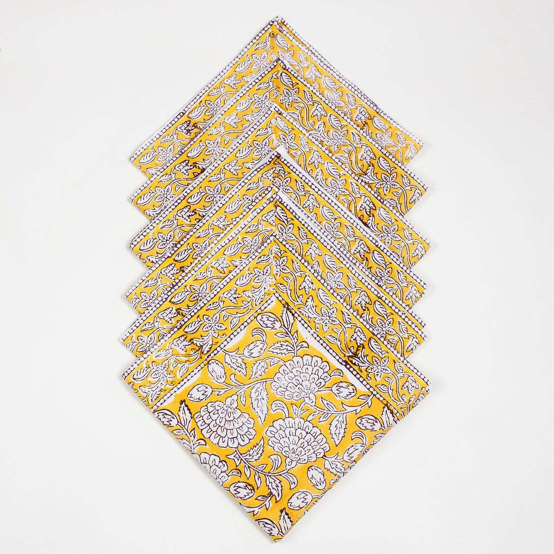 Yellow Floral Block Printed Cotton Napkin For Farmhouse Party