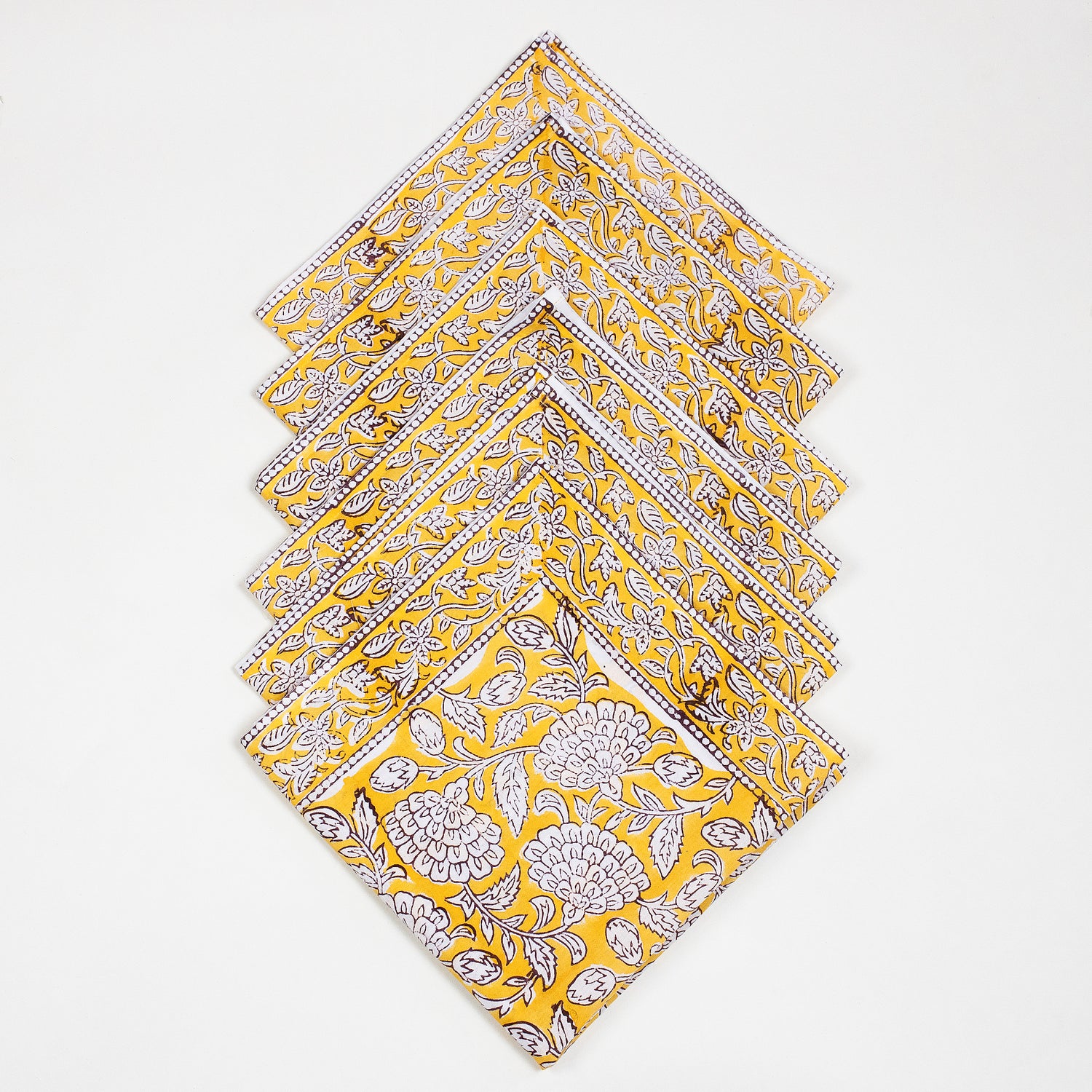 Yellow Floral Block Printed Cotton Napkin For Farmhouse Party