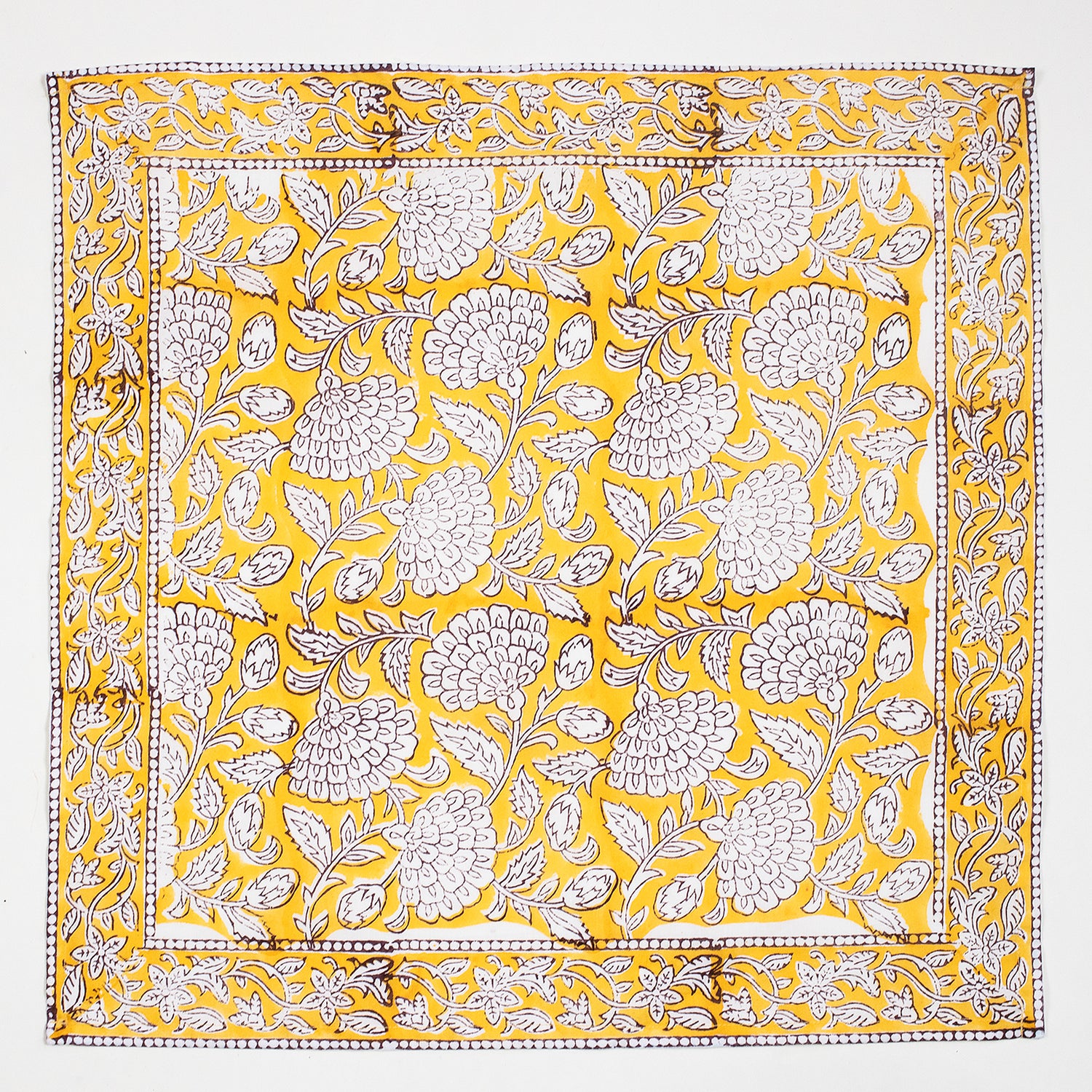 Yellow Floral Block Printed Cotton Napkin For Farmhouse Party