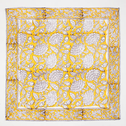 Yellow Floral Block Printed Cotton Napkin For Farmhouse Party