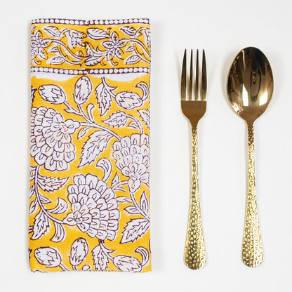 Yellow Floral Block Printed Cotton Napkin For Farmhouse Party
