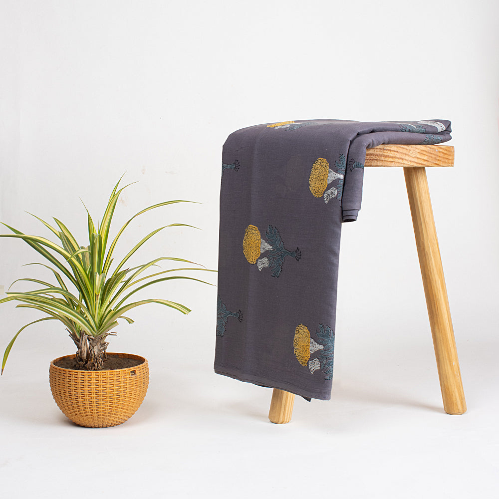 Yellow Floral Cotton Hand Block Printed Fabric