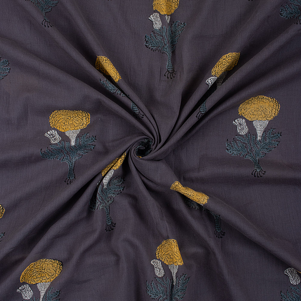 Yellow Floral Cotton Hand Block Printed Fabric