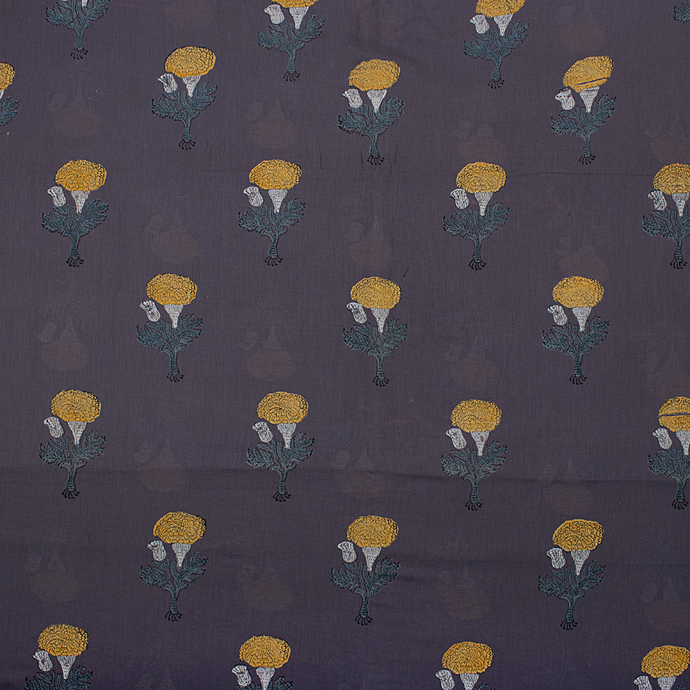 Yellow Floral Cotton Hand Block Printed Fabric