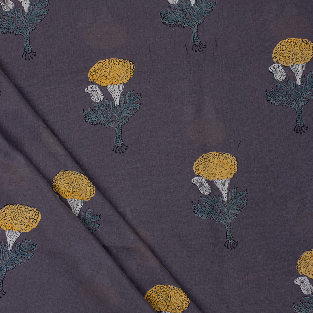Yellow Floral Cotton Hand Block Printed Fabric