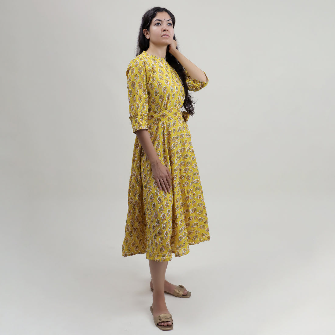 Yellow Floral Cotton Summer Midi Dress with Belt