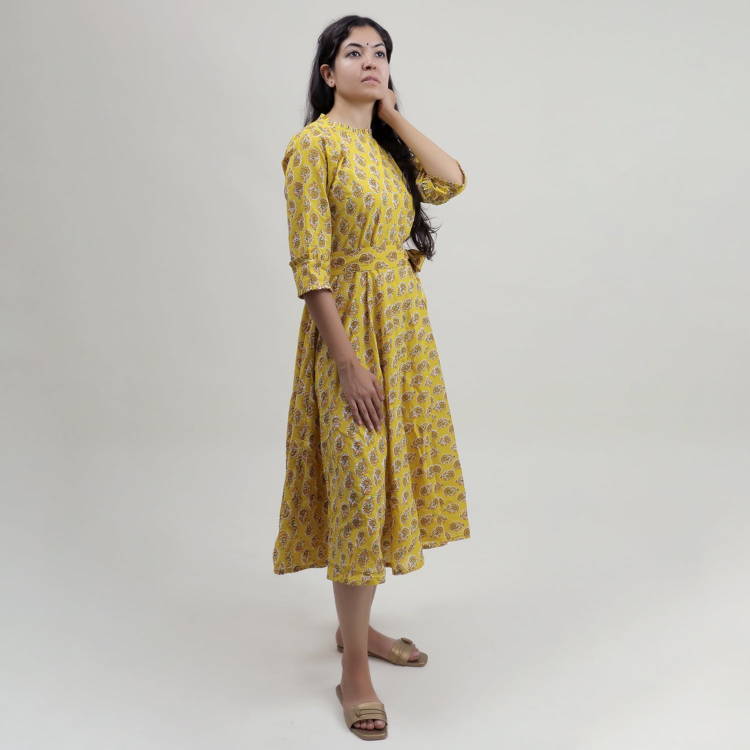 Yellow Floral Cotton Summer Midi Dress with Belt