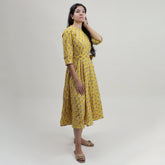 Yellow Floral Cotton Summer Midi Dress with Belt