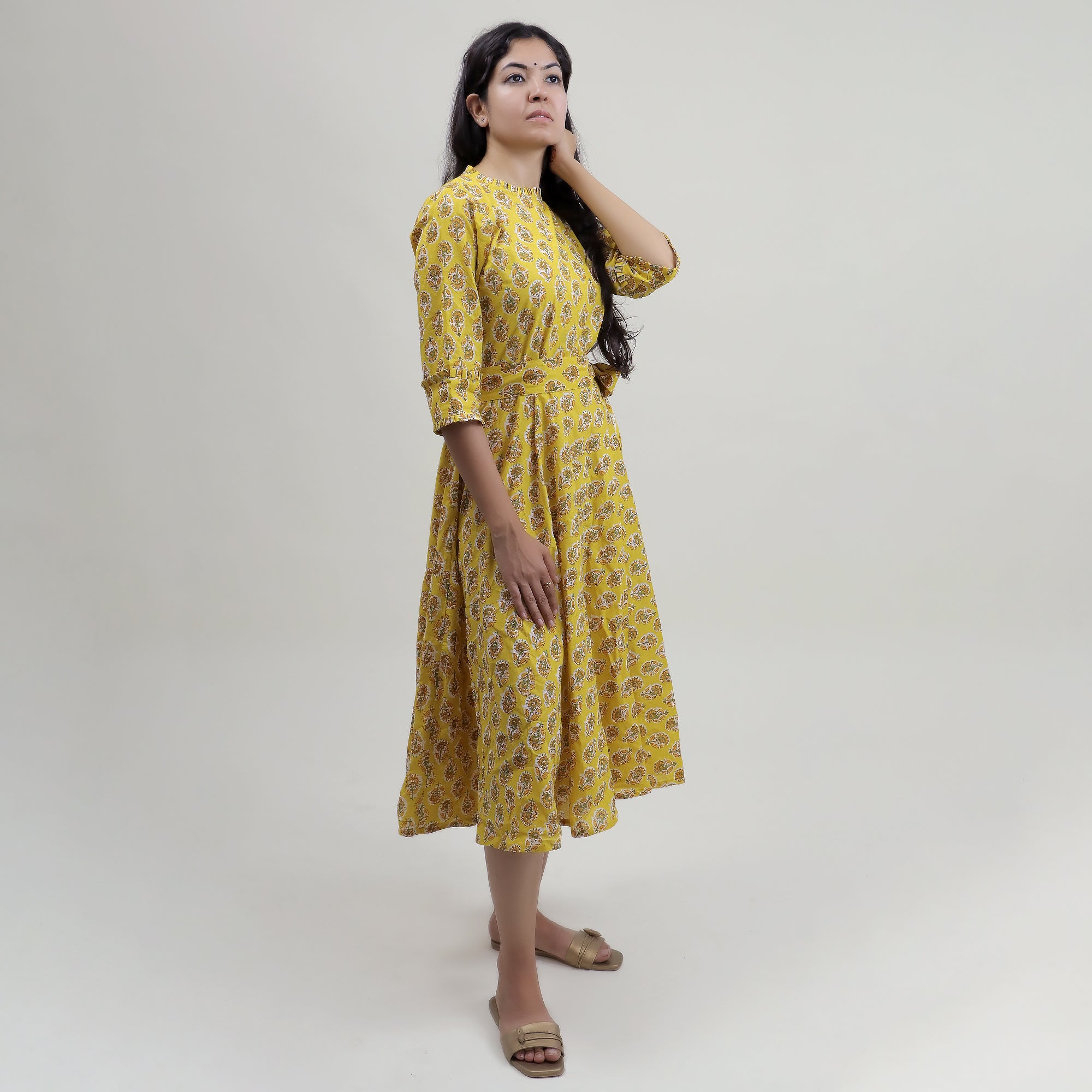 Yellow Floral Cotton Summer Midi Dress with Belt