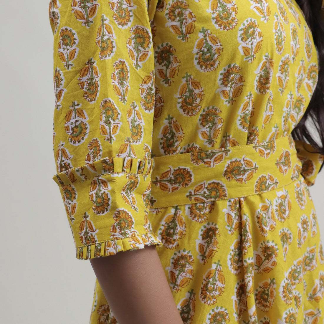 Yellow Floral Cotton Summer Midi Dress with Belt