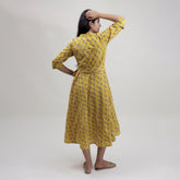 Yellow Floral Cotton Summer Midi Dress with Belt
