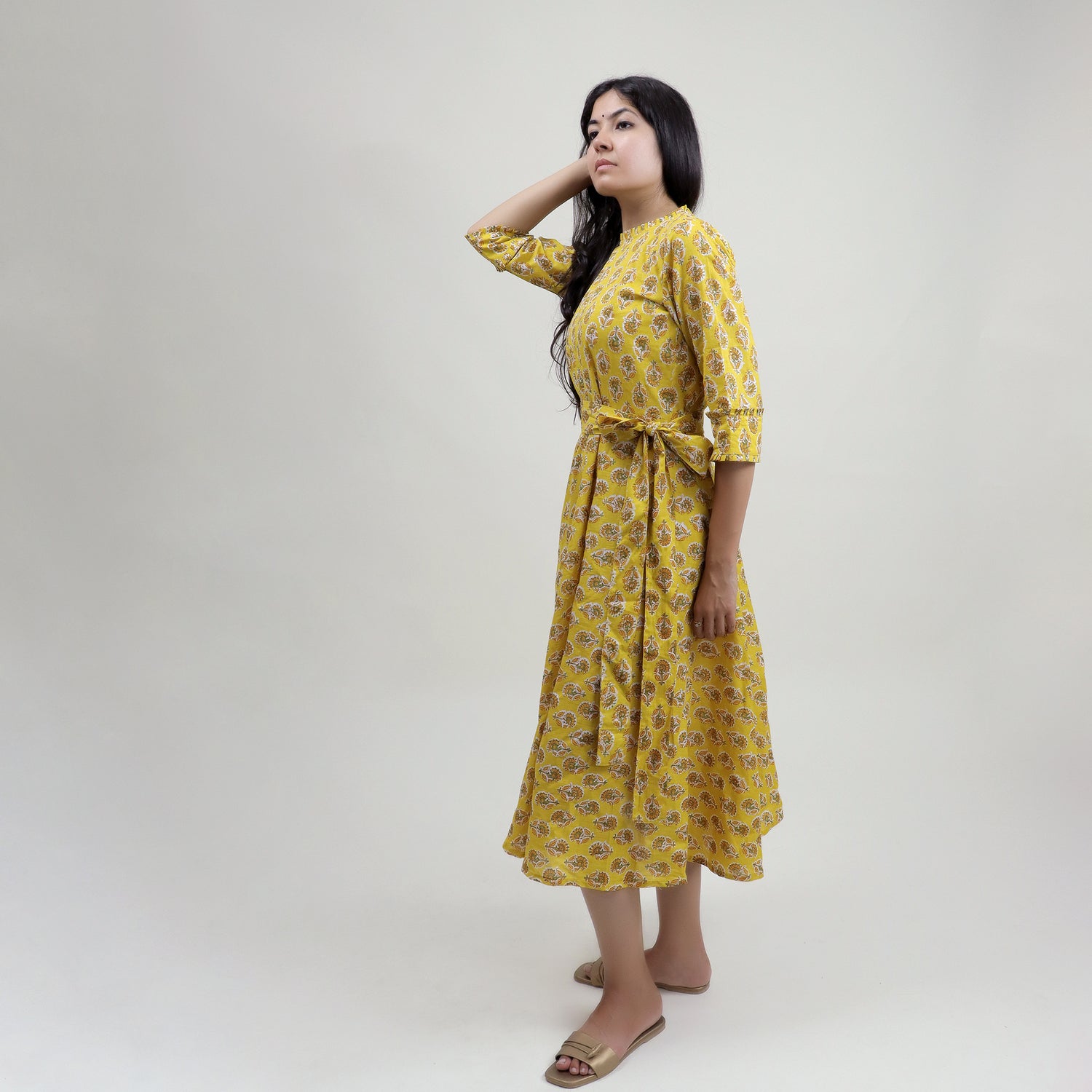 Yellow Floral Cotton Summer Midi Dress with Belt