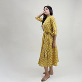 Yellow Floral Cotton Summer Midi Dress with Belt