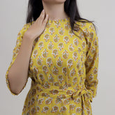 Yellow Floral Cotton Summer Midi Dress with Belt