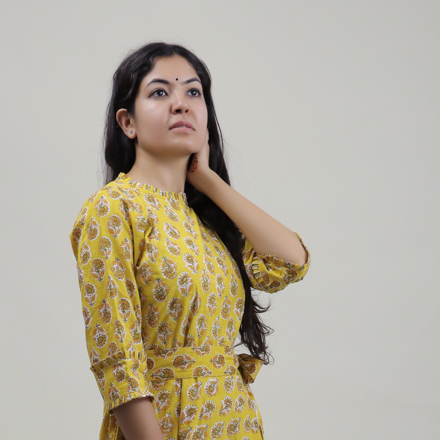 Yellow Floral Cotton Summer Midi Dress with Belt
