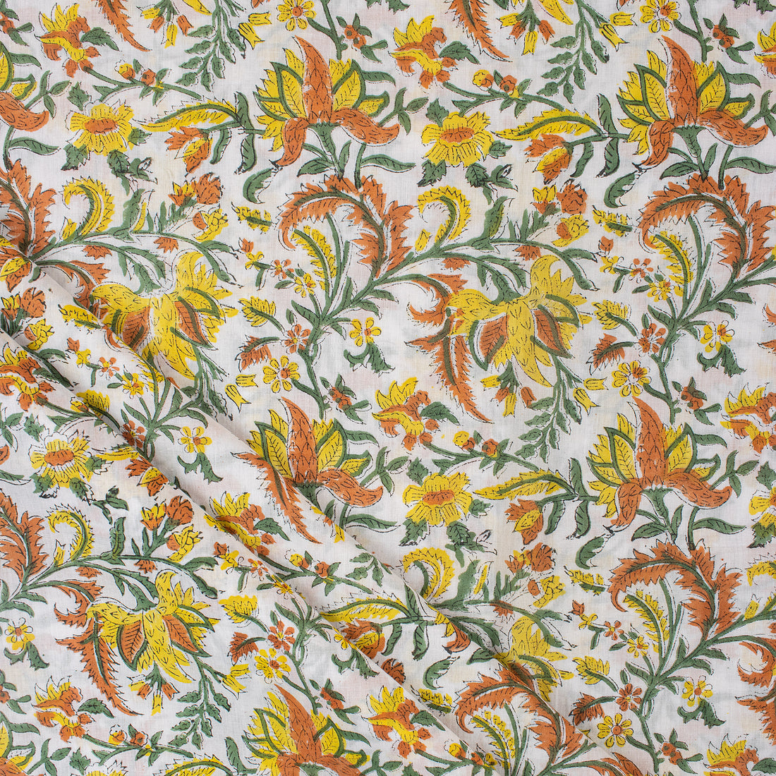Yellow Floral Hand Block Print Fabric for Summer Dress