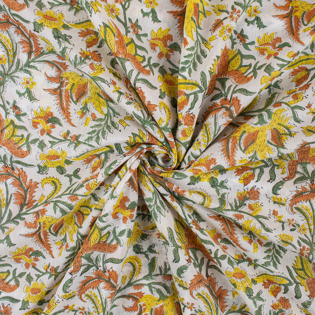 Yellow Floral Hand Block Print Fabric for Summer Dress