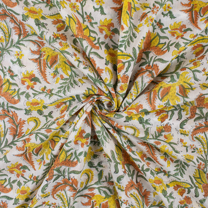 Yellow Floral Hand Block Print Fabric for Summer Dress