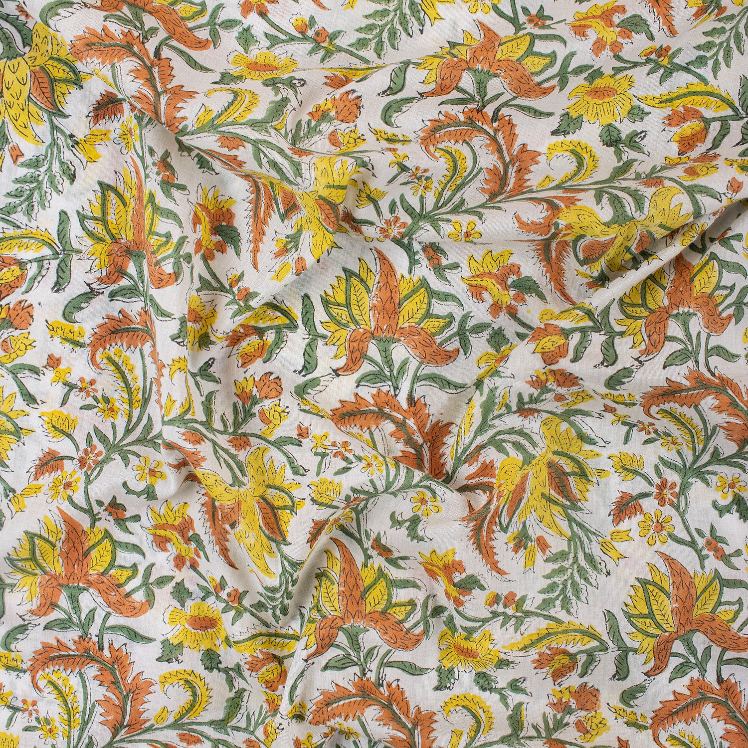 Yellow Floral Hand Block Print Fabric for Summer Dress
