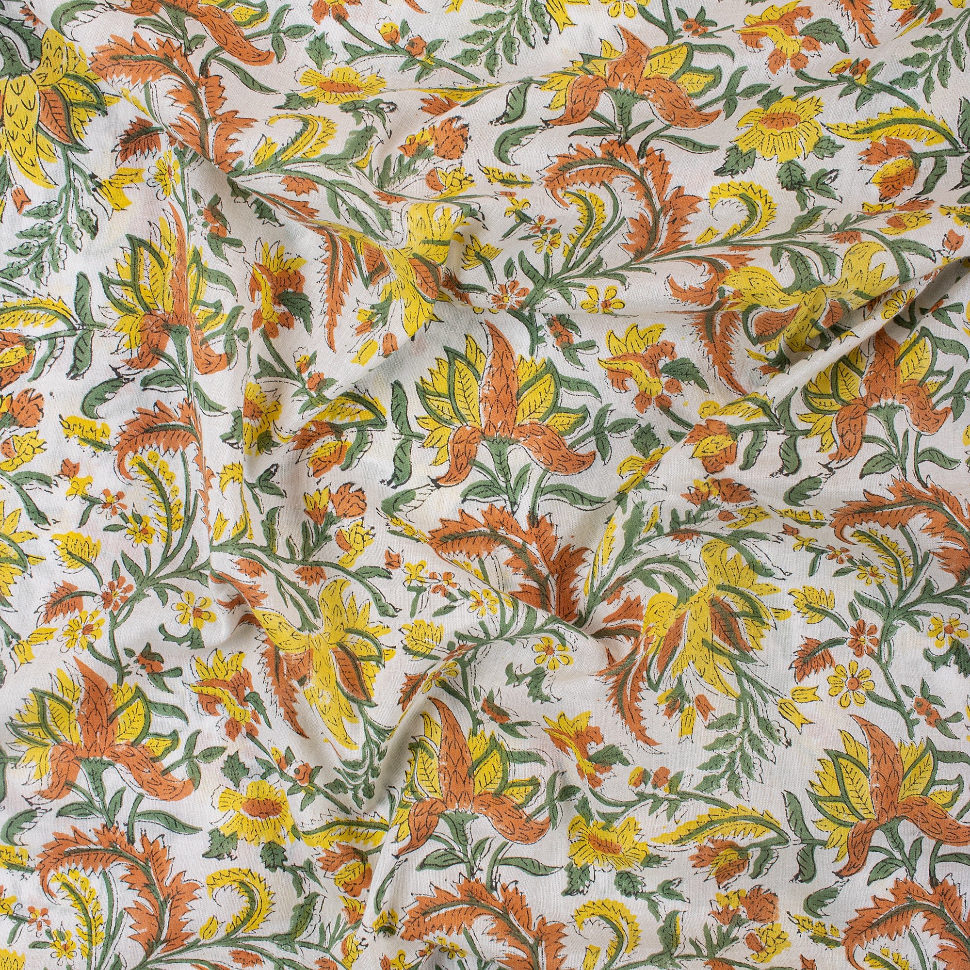 Yellow Floral Hand Block Print Fabric for Summer Dress