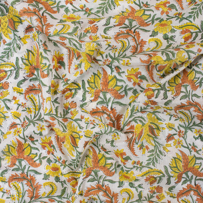 Yellow Floral Hand Block Print Fabric for Summer Dress