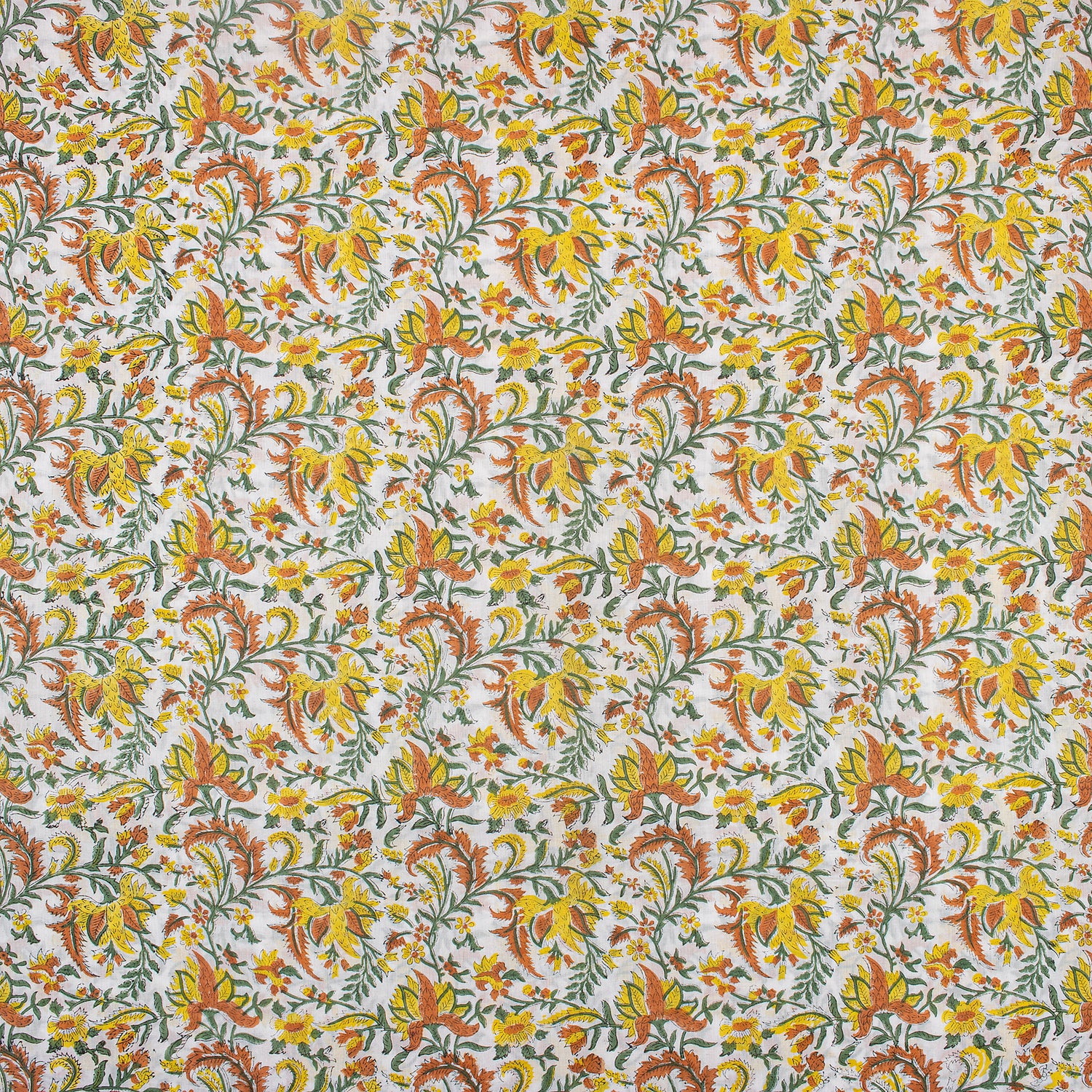 Yellow Floral Hand Block Print Fabric for Summer Dress