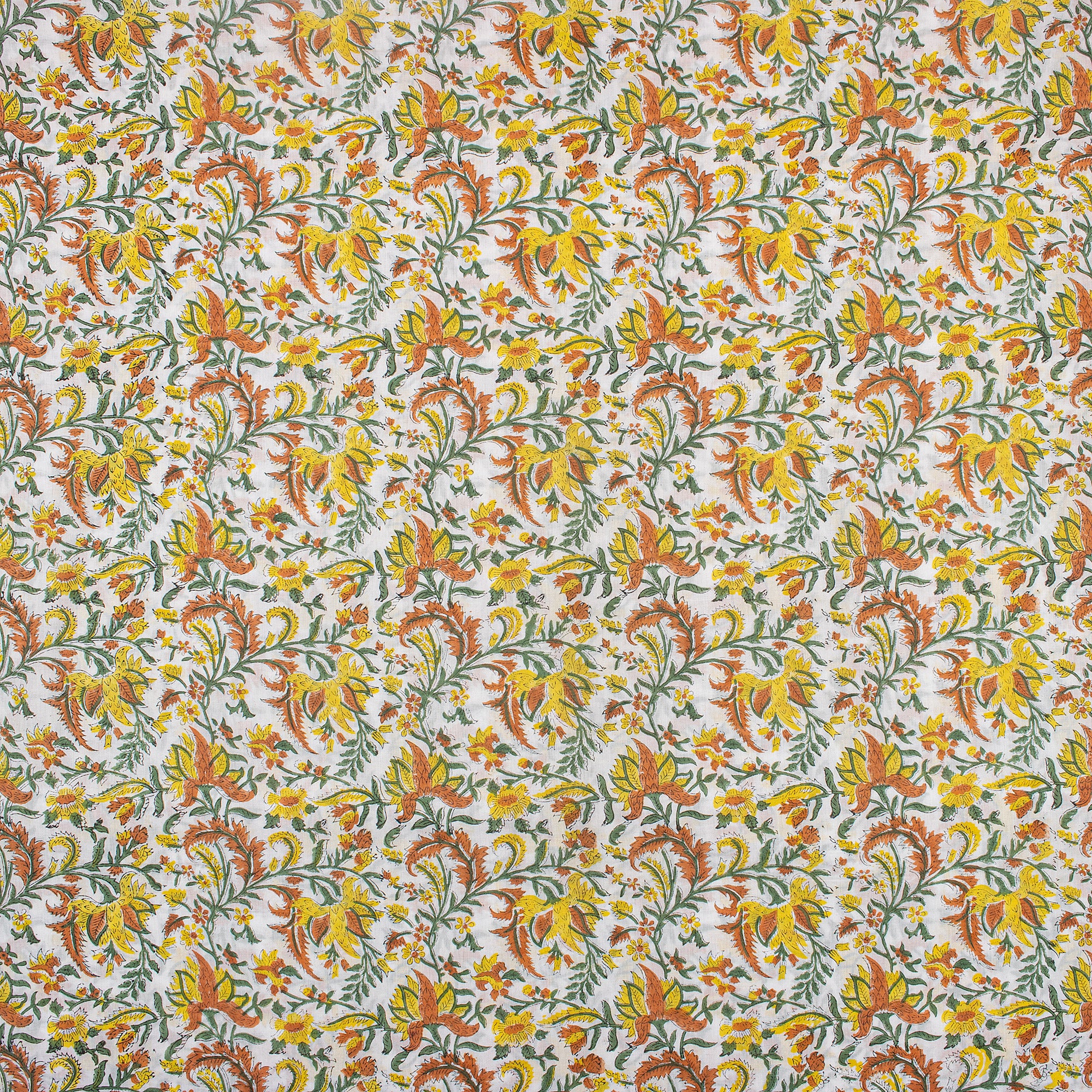 Yellow Floral Hand Block Print Fabric for Summer Dress