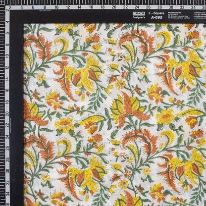 Yellow Floral Hand Block Print Fabric for Summer Dress