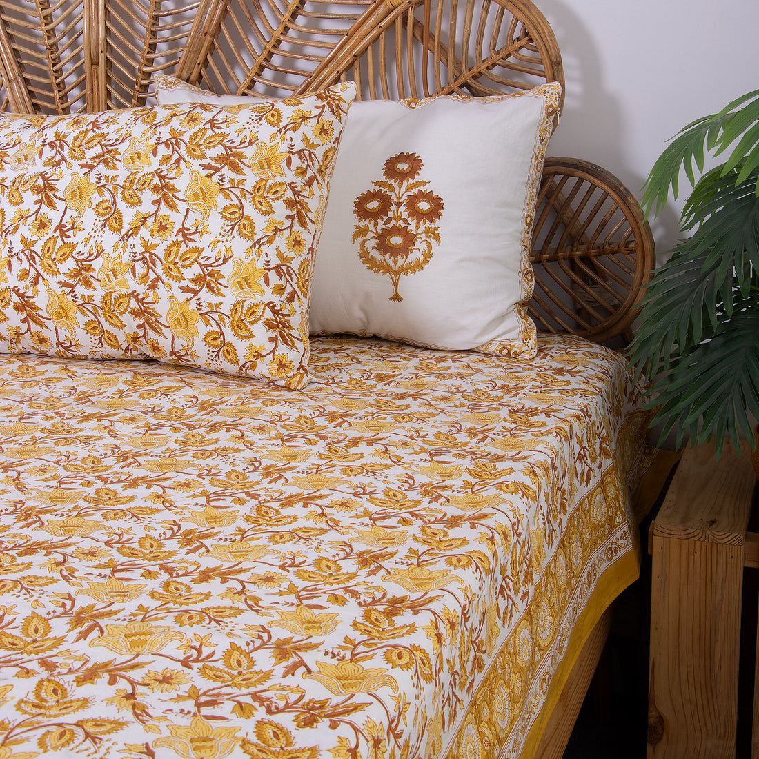 Yellow Floral Hand Block Printed Cotton Bed Sheet