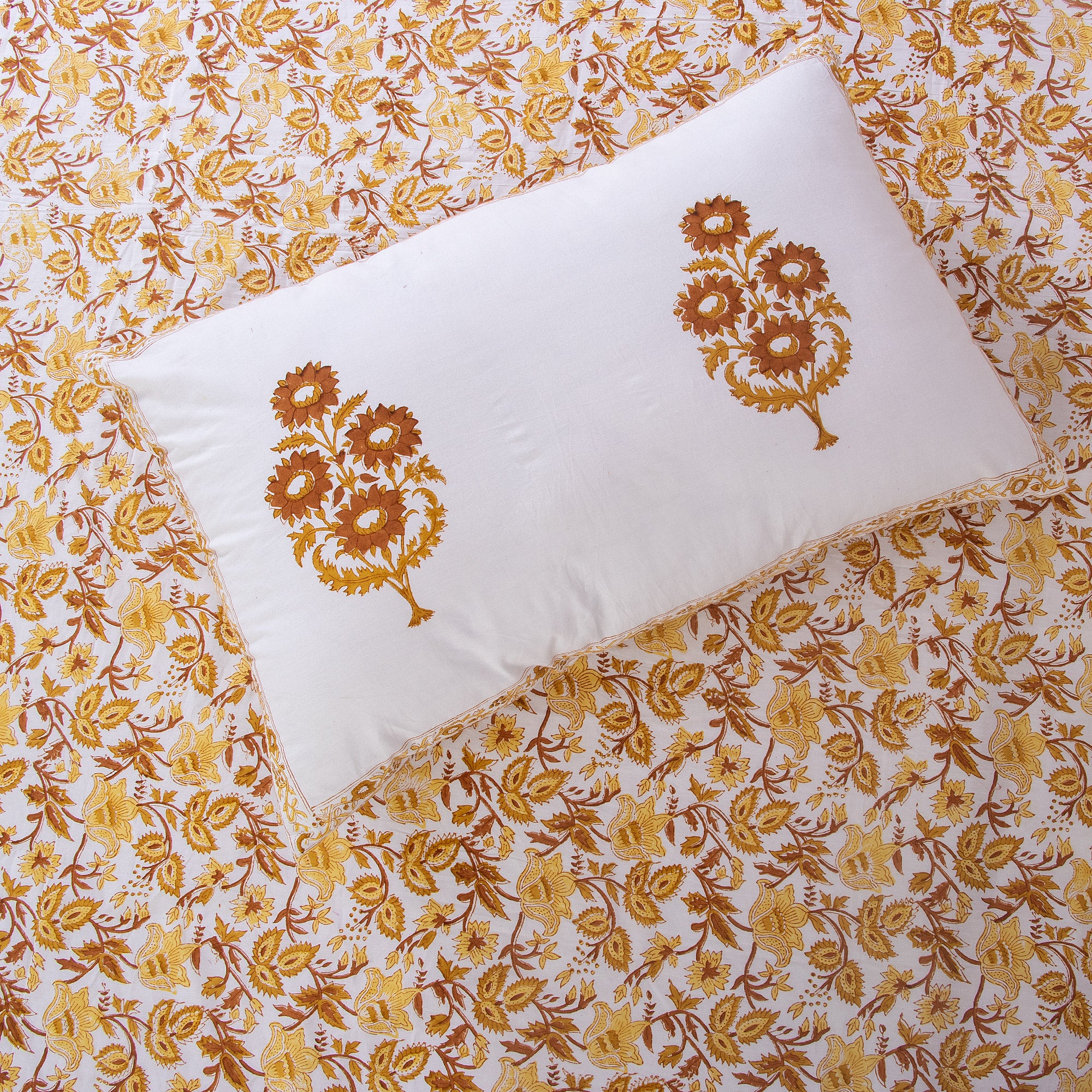 Yellow Floral Hand Block Printed Cotton Bed Sheet