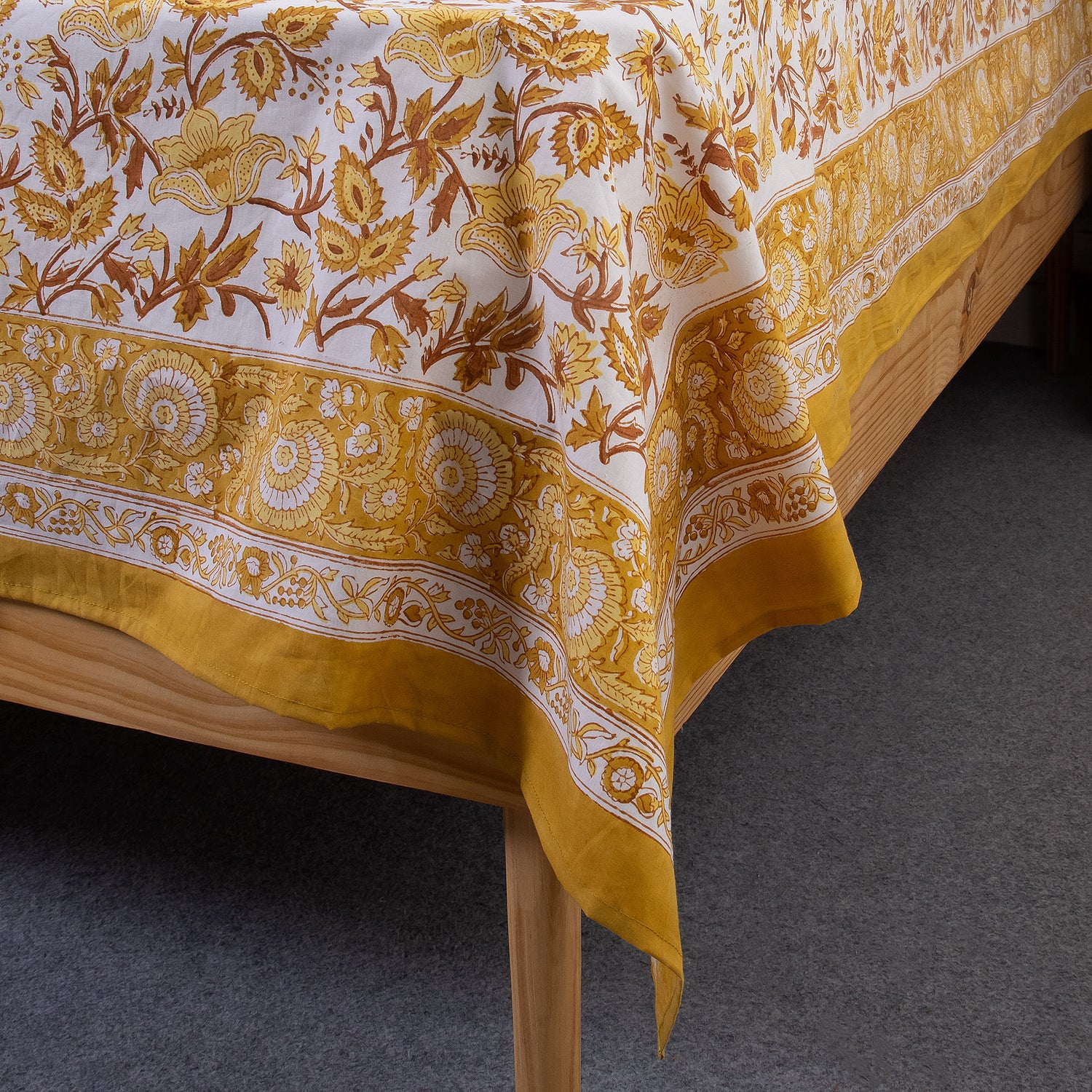 Yellow Floral Hand Block Printed Cotton Bed Sheet