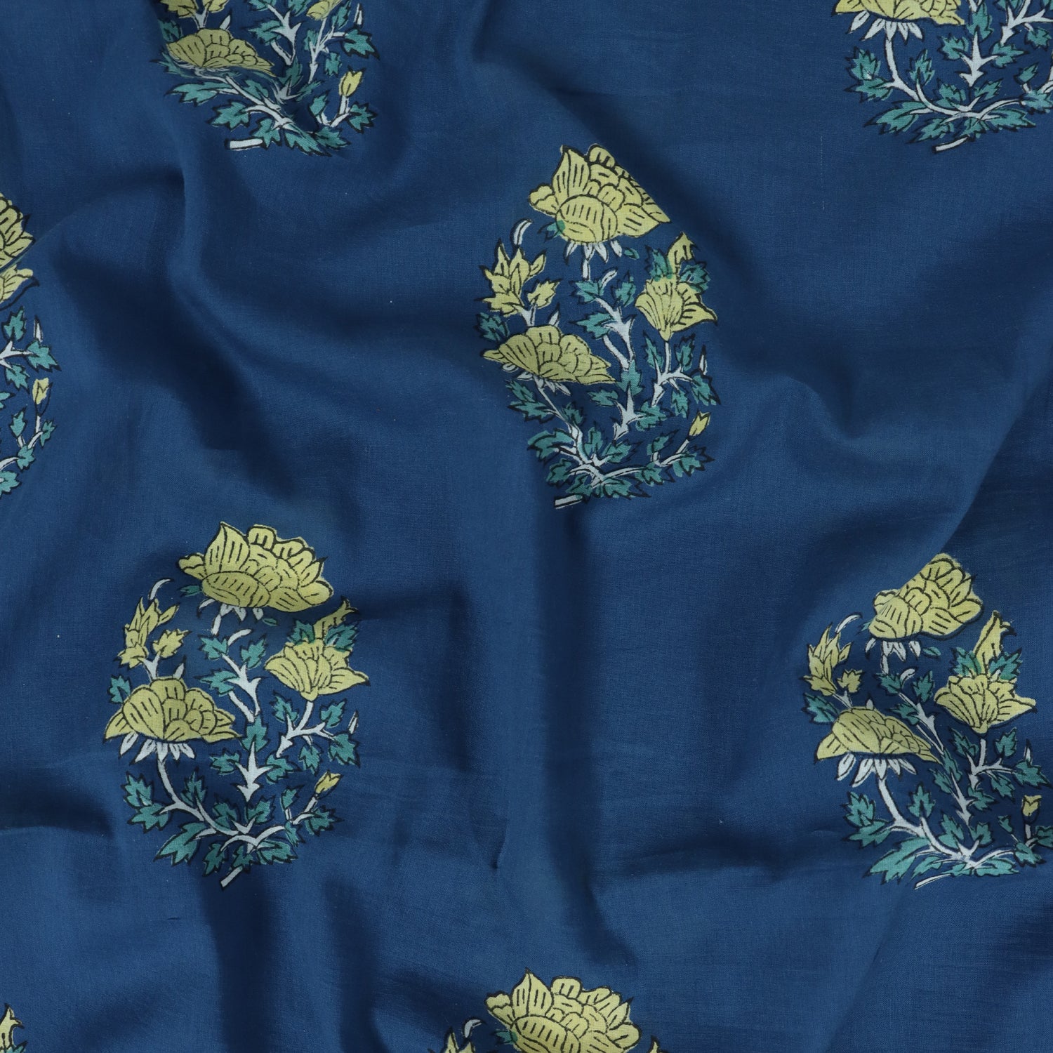 Yellow Floral Indian Hand Block Pirnted Dabu Fabric