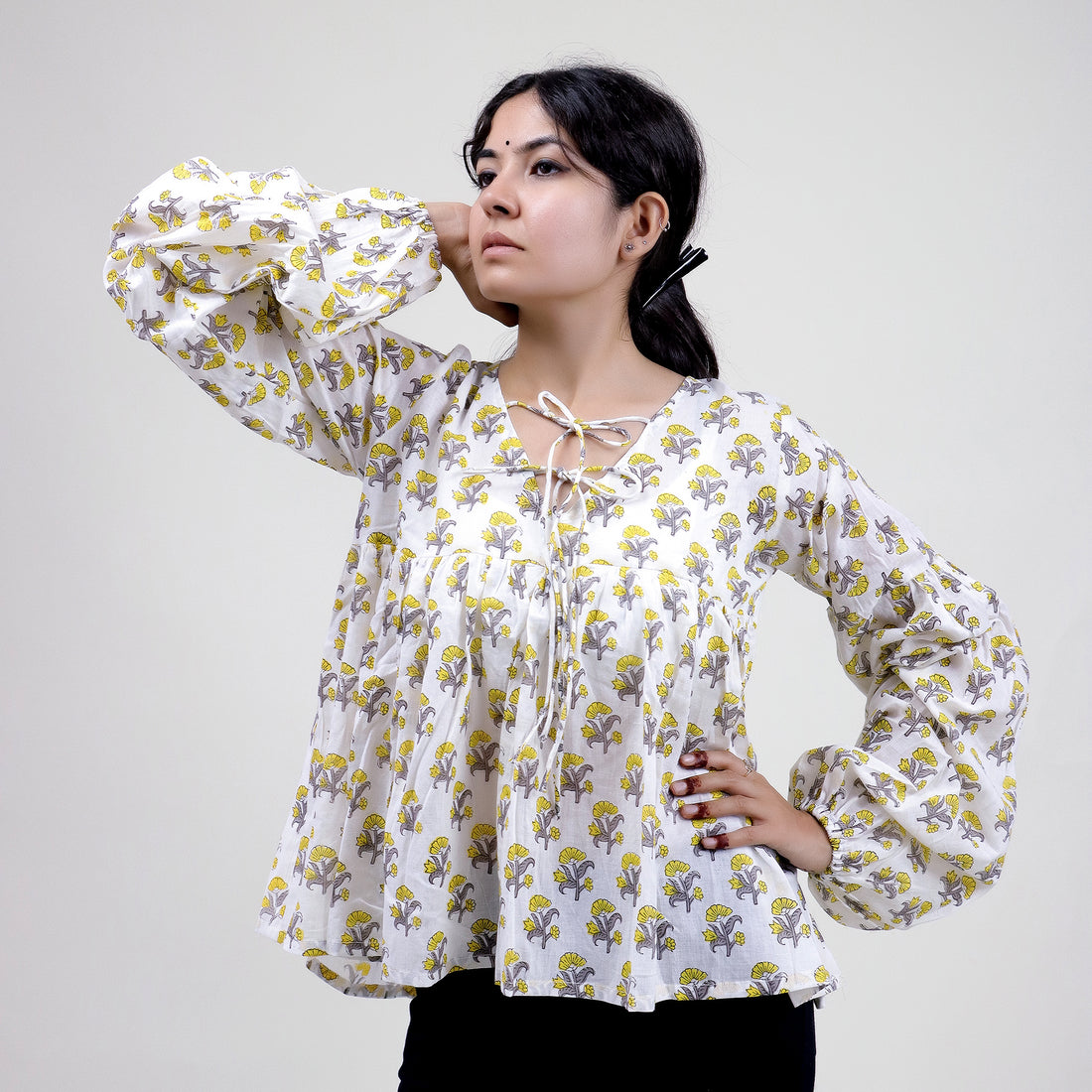 Yellow Floral Printed V Neck Short Top For Girls