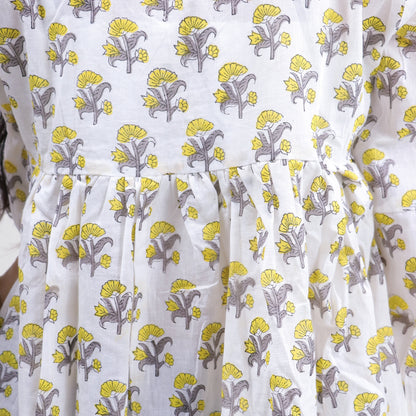 Yellow Floral Printed V Neck Short Top For Girls