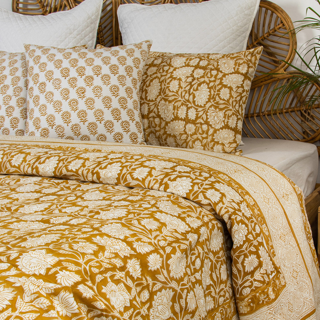 Yellow Hand Block Printed Reversible Cotton Dohar Blankets