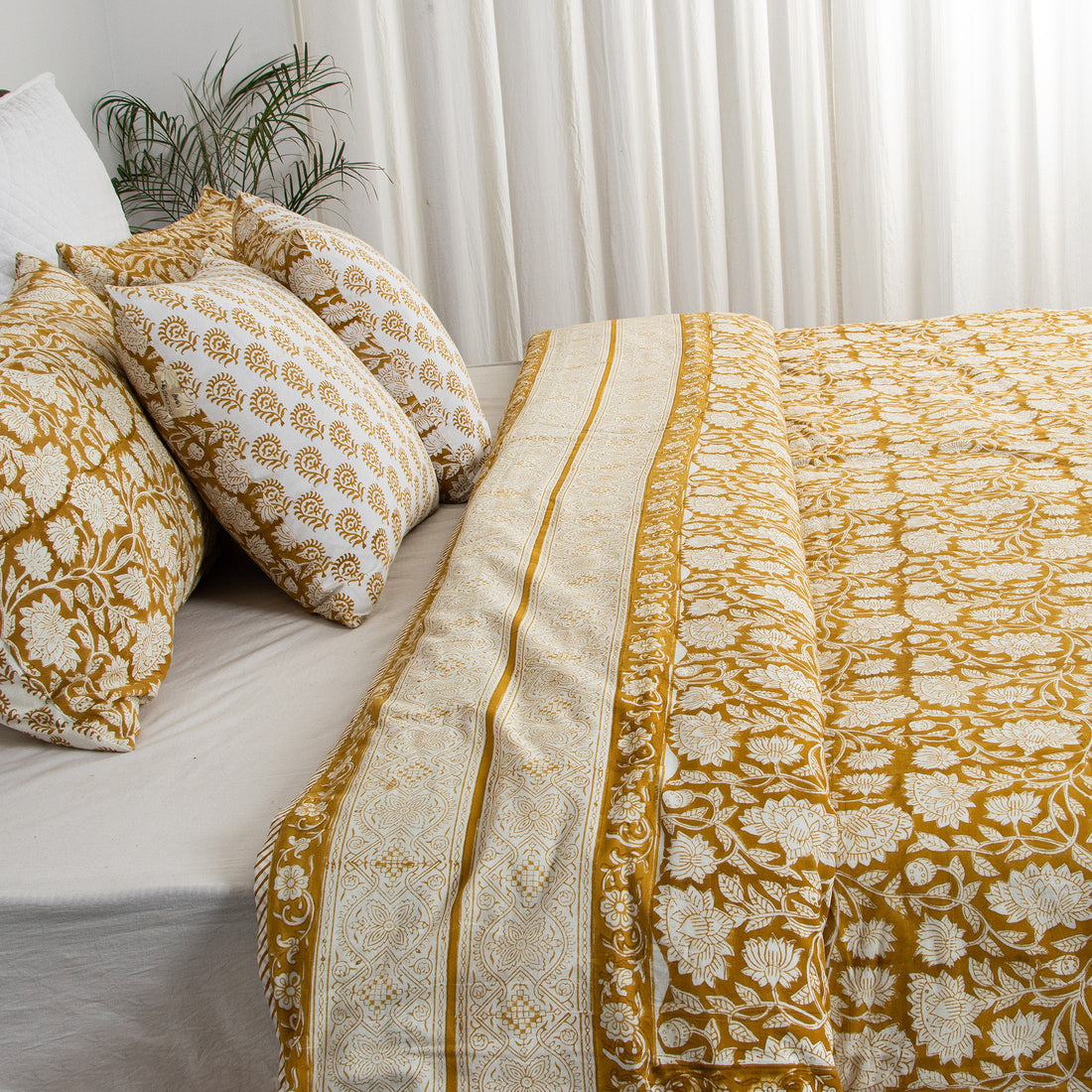Yellow Hand Block Printed Reversible Cotton Dohar Blankets