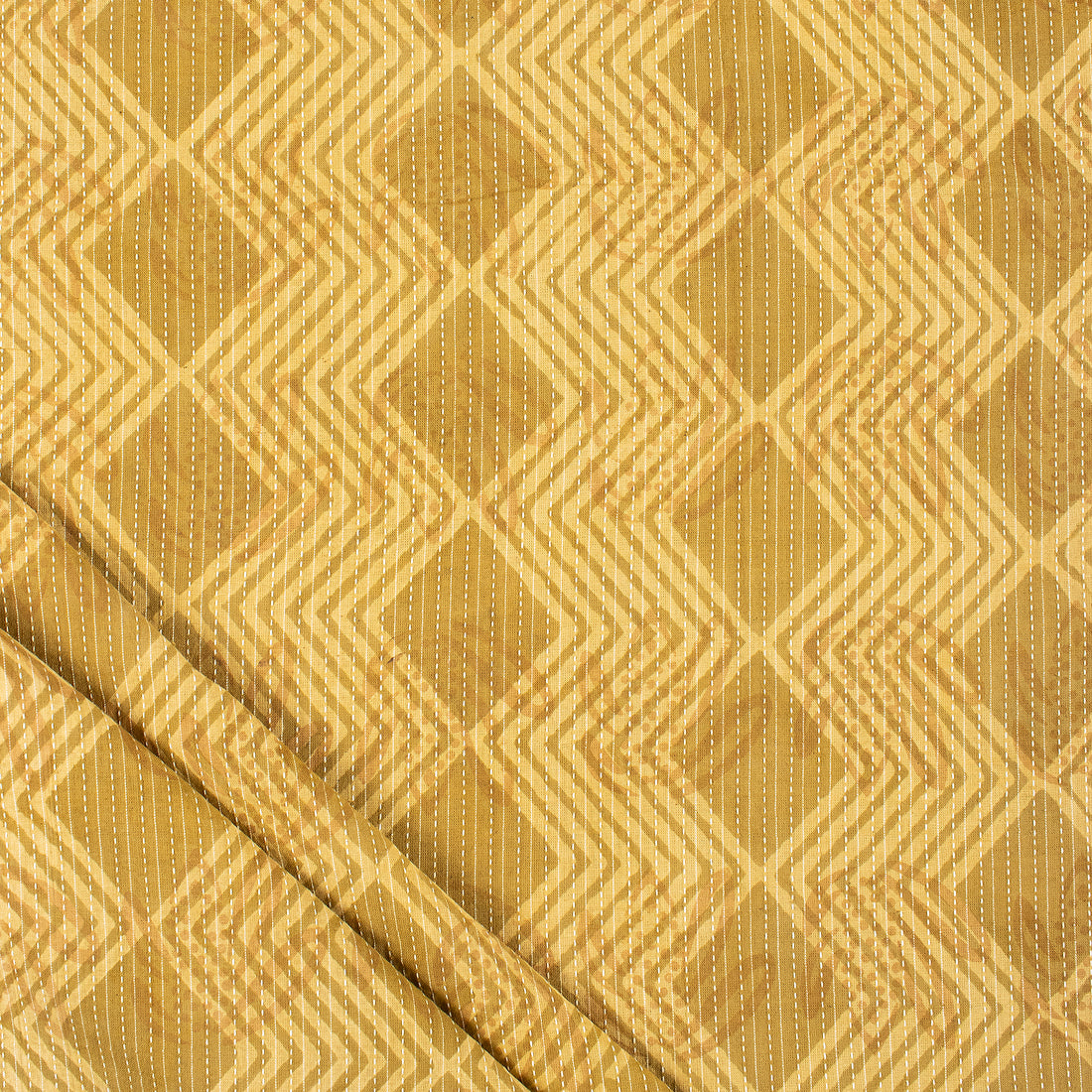 Yellow Ikat Hand Block Printed Dabu Kantha Running Fabric