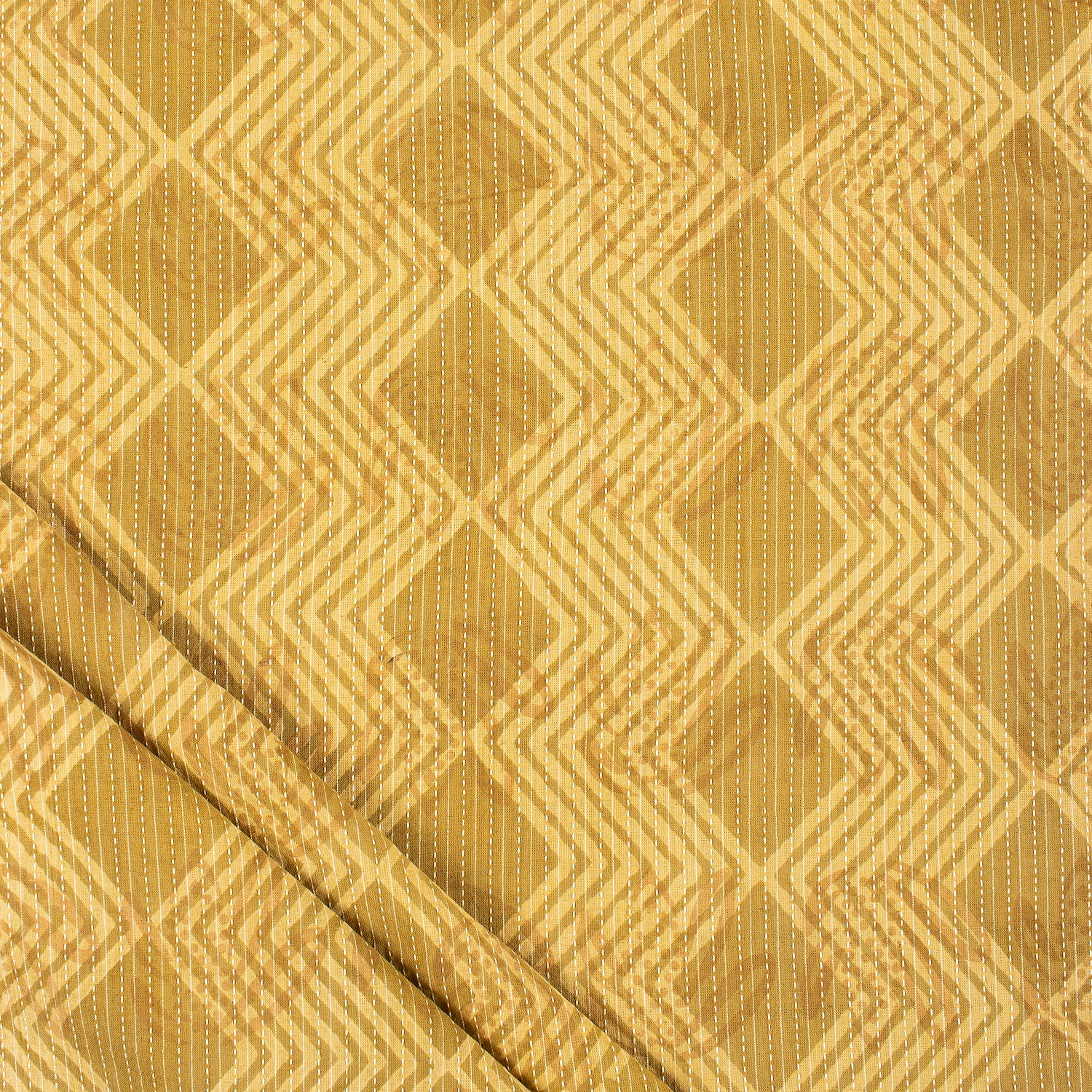 Yellow Ikat Hand Block Printed Dabu Kantha Running Fabric
