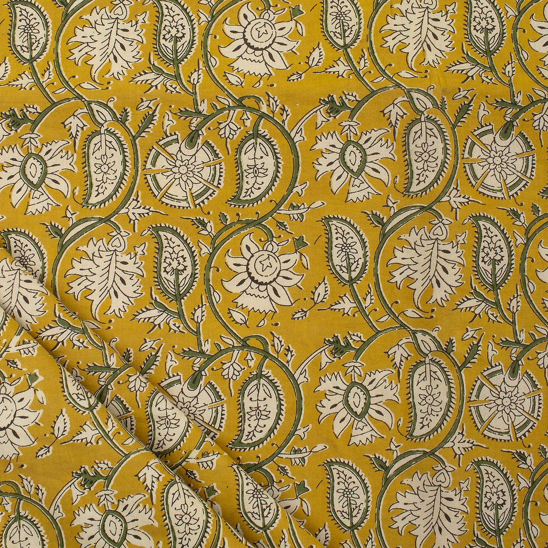 Yellow Paisley Hand Block Printed Bagru Fabric