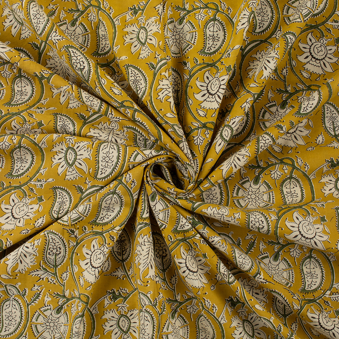 Yellow Paisley Hand Block Printed Bagru Fabric